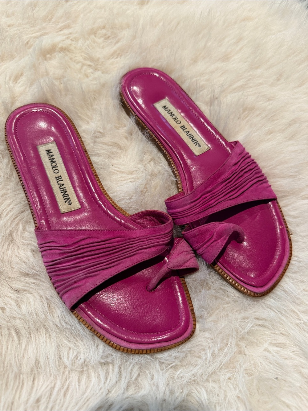 Manolo Blahnik Magenta Ruched Bow Slide Sandals